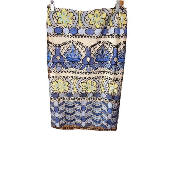 Beige ECI All Over Embroidery Midi Length Skirt 8 Teal Green Floral Lace Lined - Picture 1 of 14